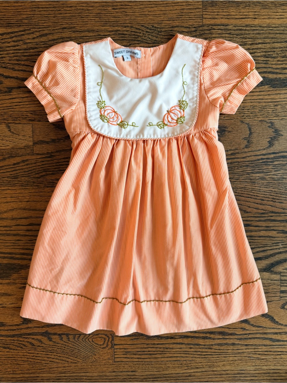 Sweet Dreams Orange and White Striped Embroidered Pumpkin Dress, Size 3